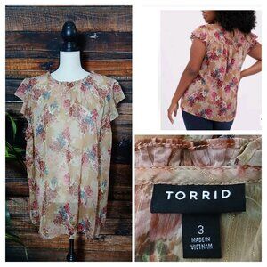 NWT Torrid Top Blouse 3 3X Sheer Flowy Tan Floral Flutter Sleeve